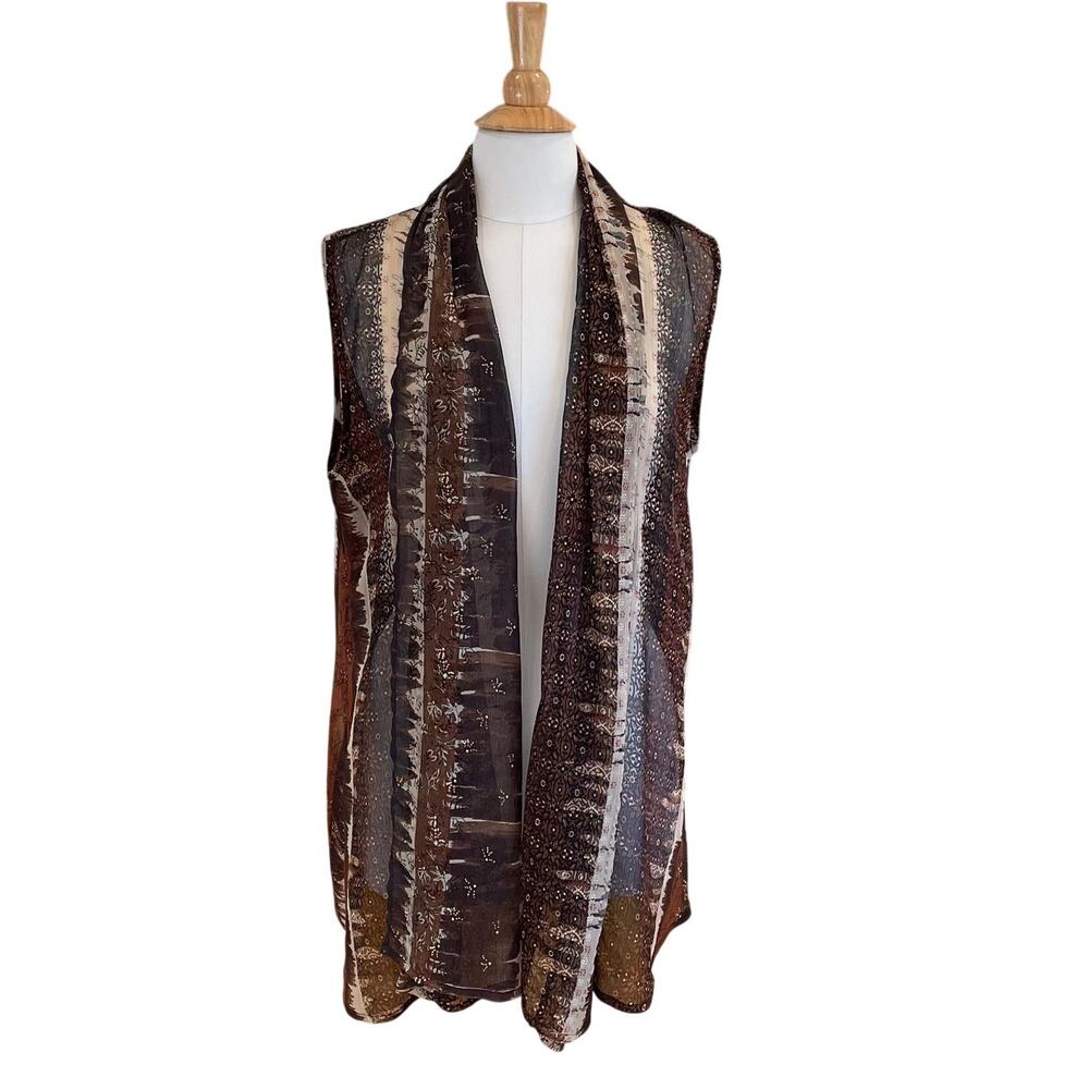 Coldwater Creek Semi Sheer Sleeveless Open Front Long Duster Brown, OS